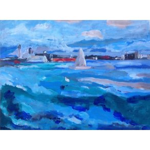 Landskab sejlskibe resund Helsingr ved Snekkersten Ml: 18 x 24 cm.