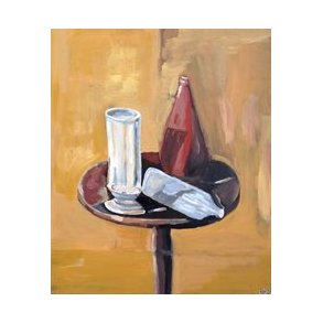 Stilleben gul, flasker , glas og cigaret