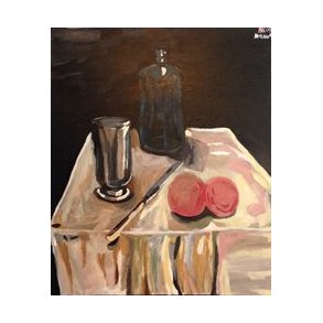 Stilleben Glas, flaske ,kniv, og frugt