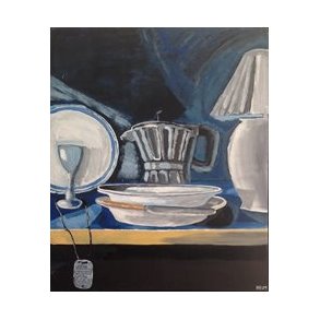 Stilleben Tallerken, kande, lampe, glas, kniv,