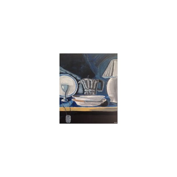 Stilleben Tallerken, kande, lampe, glas, kniv,