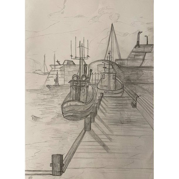 Tegning A3 Havnemotiv bde/skibe