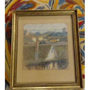 Vintage maleri/Pastel/ Landskab / M�l: 34 x 30 cm. / Patina p� rammen og p� papiret