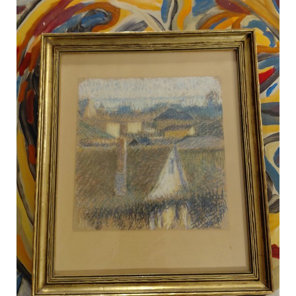 Vintage maleri/Pastel/ Landskab / M�l: 34 x 30 cm. / Patina p� rammen og p� papiret