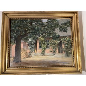 Vintage maleri / Signeret Basevang 1920 / G�rdsplads / M�l: 60 x 75 cm ca. 