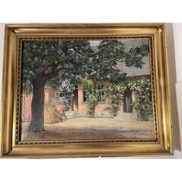 Vintage maleri / Signeret Basevang 1920 / G�rdsplads / M�l: 60 x 75 cm ca. 