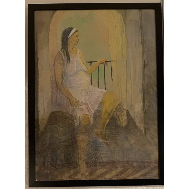 Tegning farver / Figur motiv / Signeret Jacqueline Uhrenfeldt / M�l: 75 x 53 cm ca. / i ramme