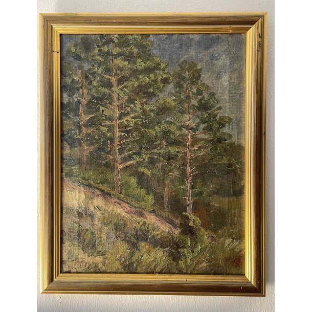 Vintage maleri / Signeret / Skov scenario / M�l: 58 x 46,5 ca inklusiv rammen