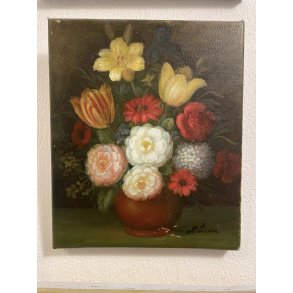 Vintage maleri / Signeret / Blomst rose / M�l: 26 x 20 cm.