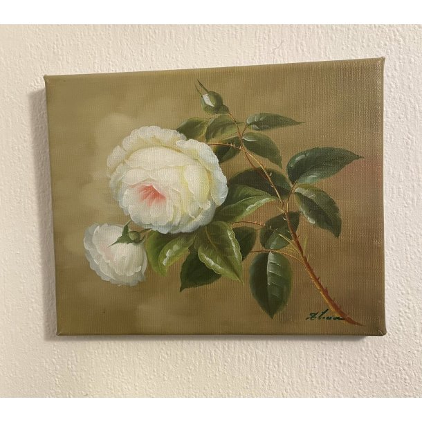Vintage maleri / Signeret / Blomst rose / M�l: 20 x 26 cm.
