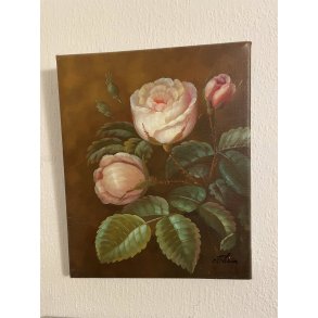 Vintage maleri / Signeret / Blomst rose / M�l: 26 x 20 cm.