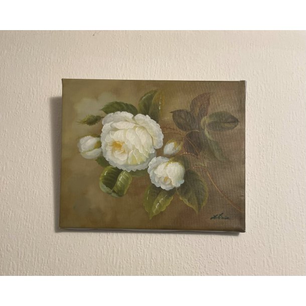 Vintage maleri / Signeret / Blomst rose / M�l: 20 x 26 cm.