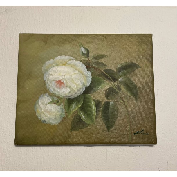 Vintage maleri / Signeret / Blomst rose / M�l: ca 20 x 26 cm.