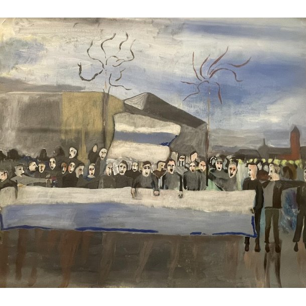 Fodboldmaleri Fans med bannere ved stadion