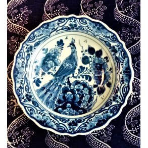 Bl� Delft vintage platte med p�fuglemotiv