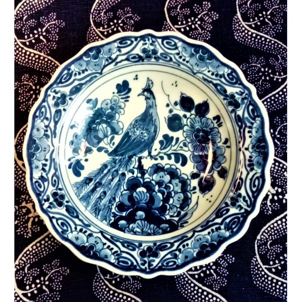 Bl� Delft vintage platte med p�fuglemotiv