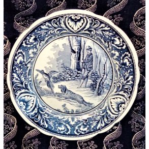 Bl� Delft vintage platte med jagtmotiv