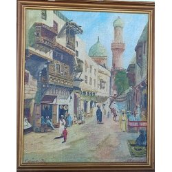 Gammelt oliemaleri: Gadescene i Cairo