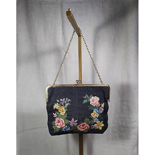 Vintage selskabstaske med petit point broderi